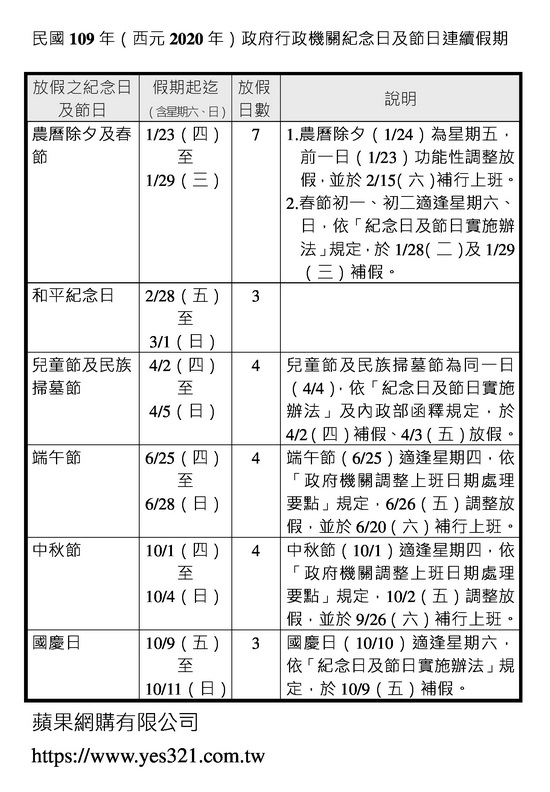 2020連續假日一覽表